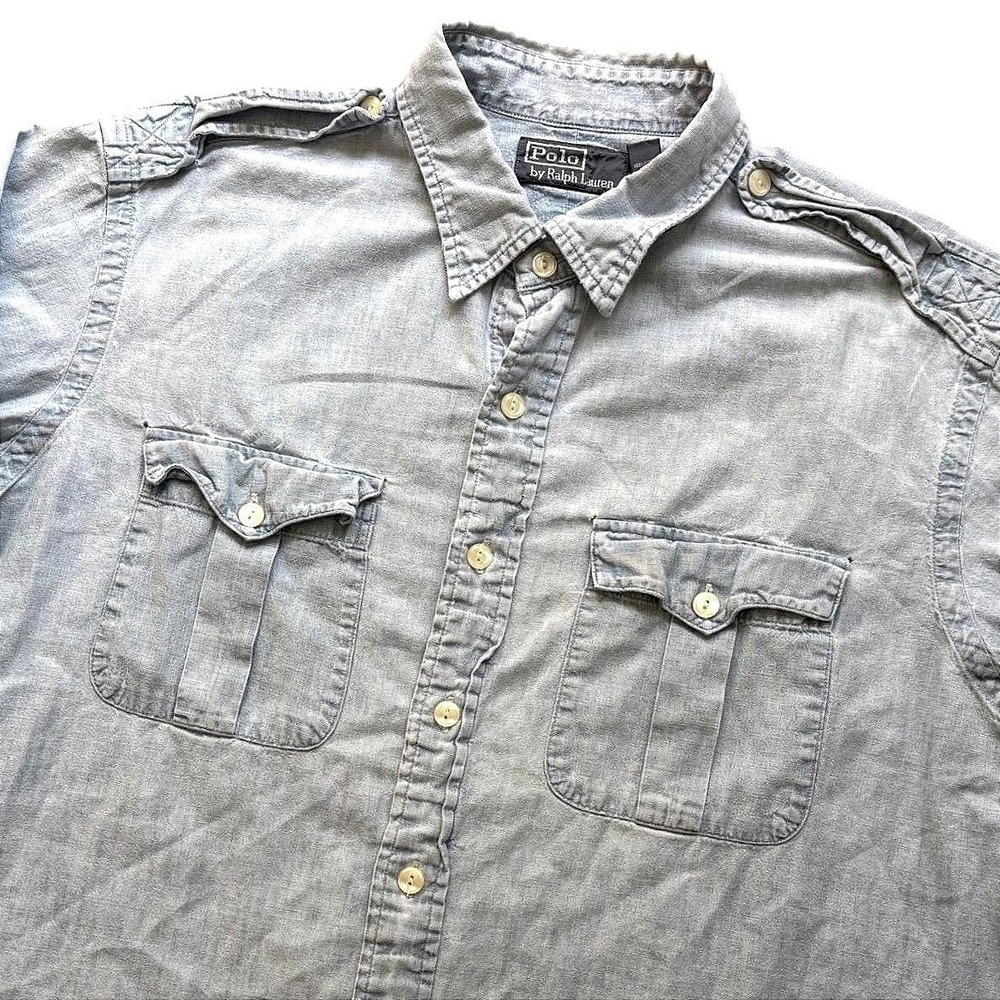 Vtg Polo by Ralph Lauren Chambray Utility Workshirt Men XL 100% Cotton Military